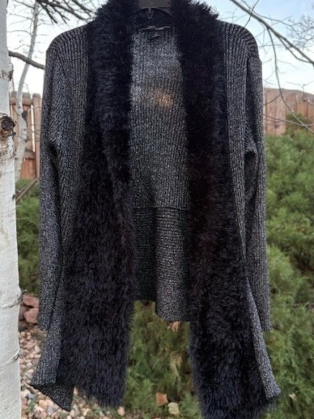 Once Again Black and Silver Waterfall Cardigan Faux Fur Neck worn once women’s S